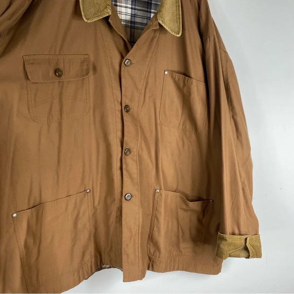Vintage Chore Coat 90s Brown Canvas Plaid Flannel Lined Corduroy Trim Fisherman - Picture 7 of 15